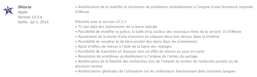 Mise à jour d'iMovie pour OS X en version 10.0.4