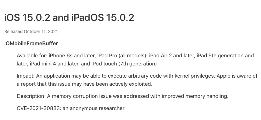 iOS/iPadOS 15.0.2 corrigent également une faille de sécurité