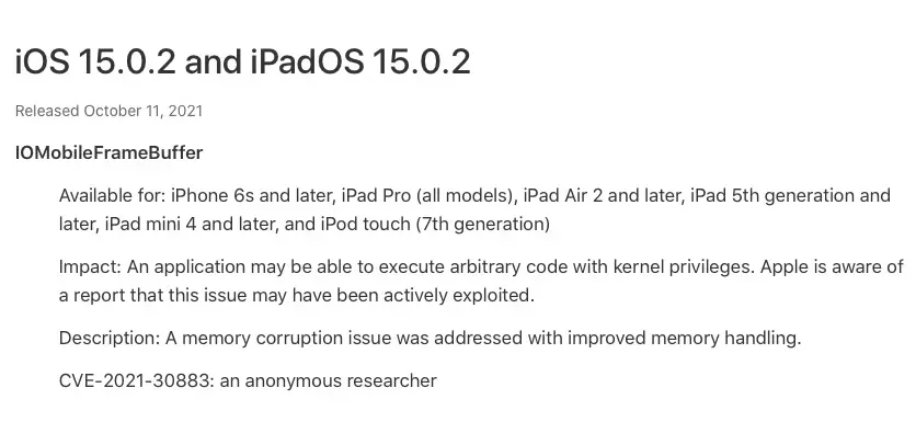 iOS/iPadOS 15.0.2 corrigent également une faille de sécurité