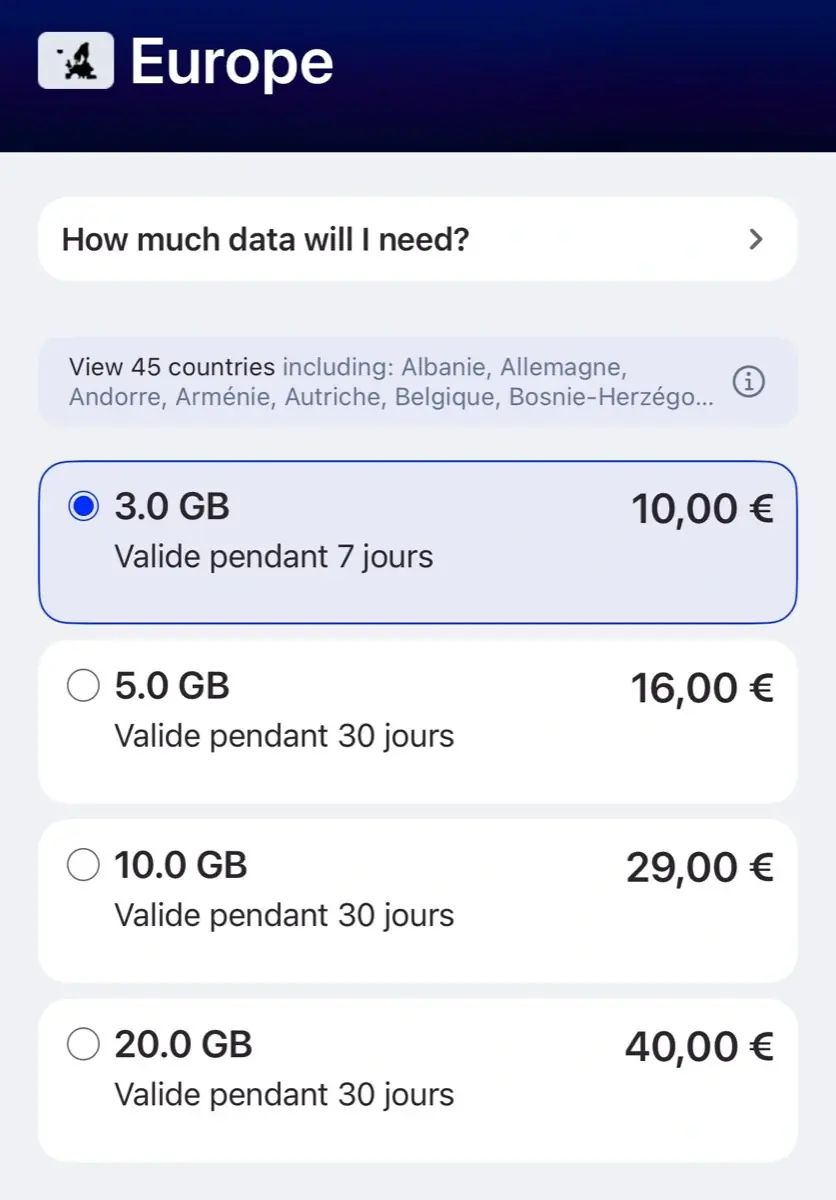 Les prix des eSIM Netgear pour l'Europe