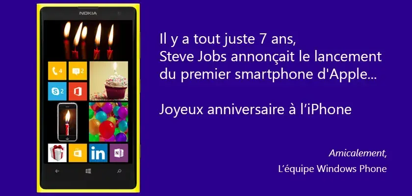 Quand Microsoft/Windows Phone France souhaite un bon anniversaire à l'iPhone