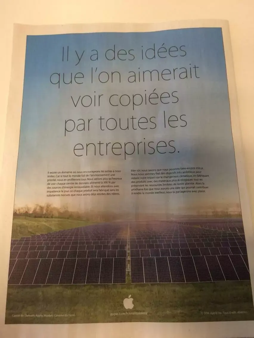 L'image du jour : Apple place ses panneaux solaires dans la presse française