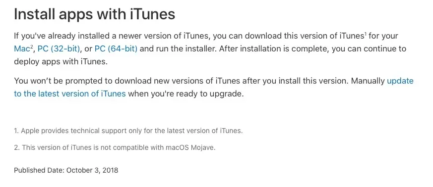 La nouvelle version spéciale d'iTunes avec App Store est toujours incompatible avec Mojave