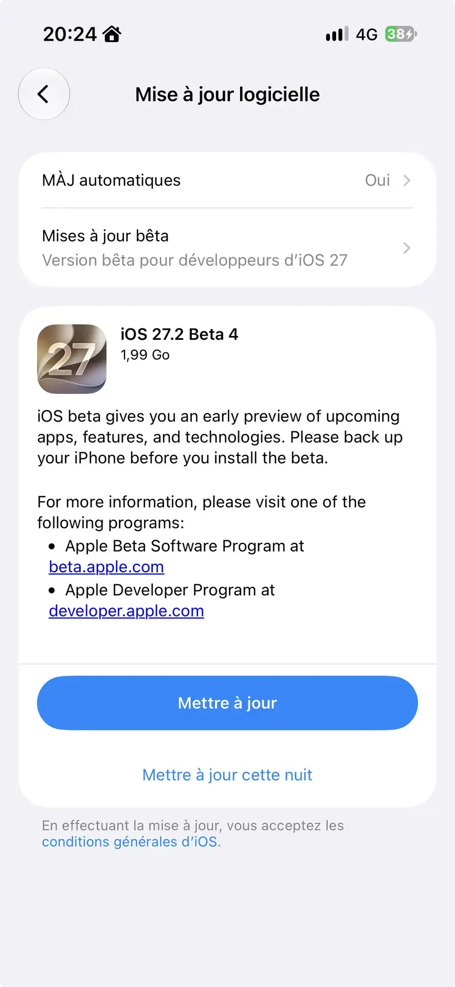 Apple d&eacute;ploie les b&ecirc;tas 4 d&rsquo;iOS 27.2, iPadOS 27.2 et macOS 27.2 (et les autres)