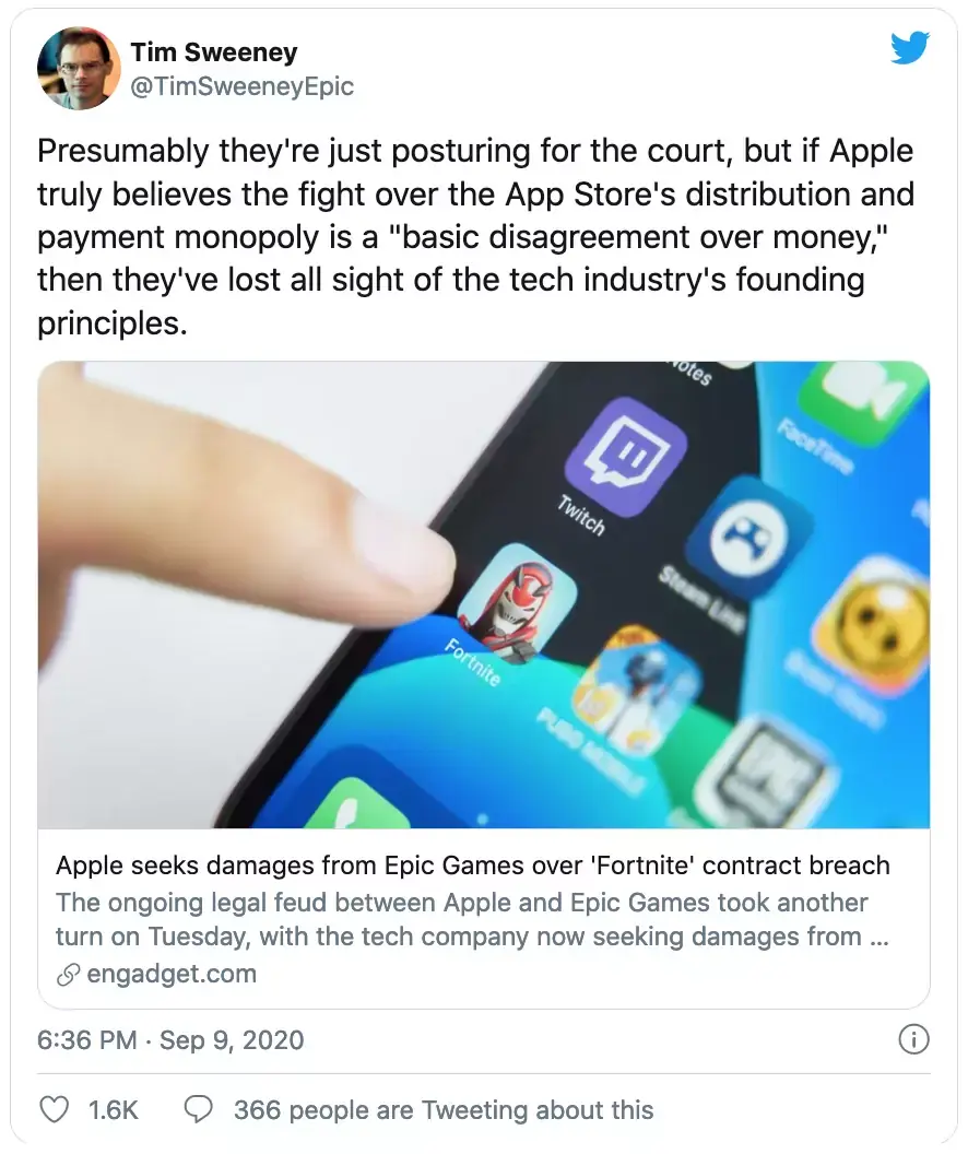 Le tweet du jour : Epic répond à Apple "ce n'est pas qu'une question d'argent"