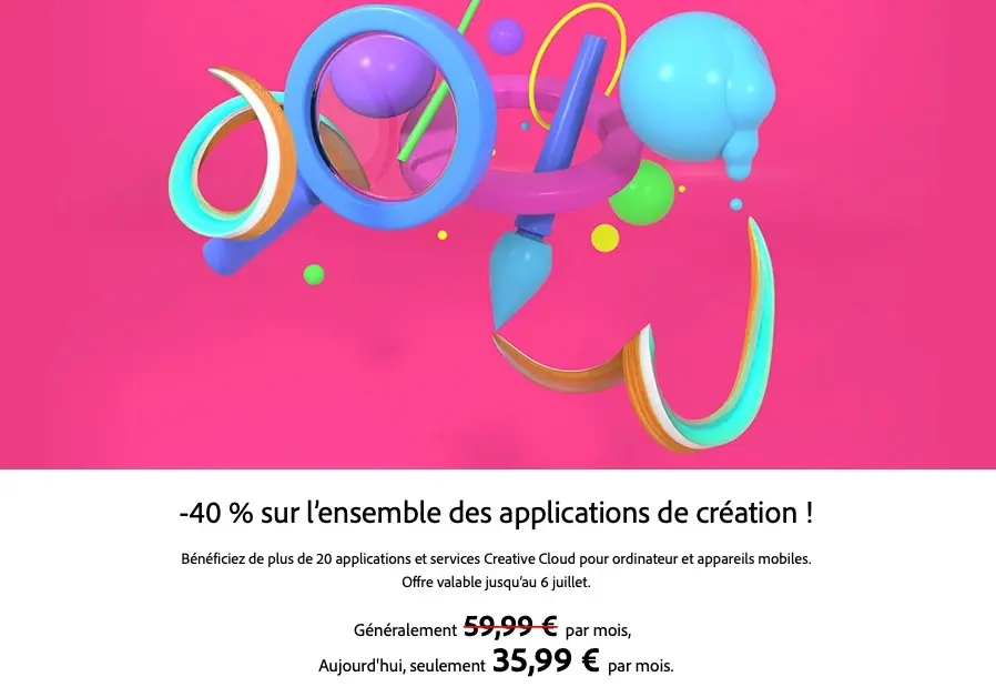 Bon plan : 40% sur le pack Creative Cloud pendant un an (35,99€ au lieu de 59,99 €)