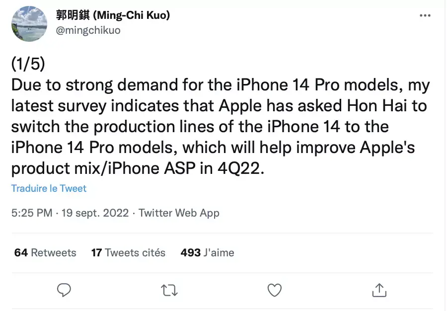 L'iPhone 14 Pro, un futur bestseller (Apple augmenterait la production de 10%)