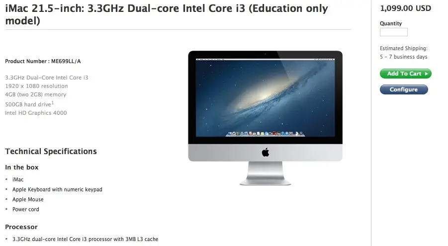 Un iMac 21,5" à 1100 $ pour les institutions éducatives sur l'Apple Store US