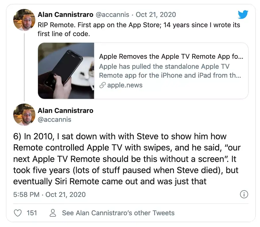 L'application Remote (Apple TV) aurait influencé Steve Jobs pour créer Siri Remote