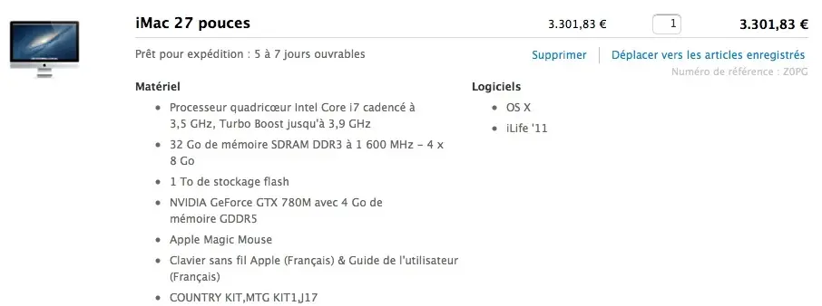 Le chiffre du jour : 3948,99 € pour l'iMac 27" full options (glups)