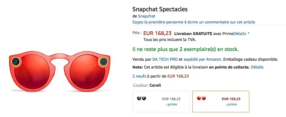 Les Spectacles, les lunettes de Snap sont disponibles sur Amazon