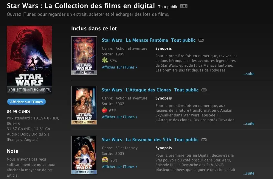 A partir d'aujourd'hui, il est possible de télécharger l'intégrale des six films Star Wars sur iTunes