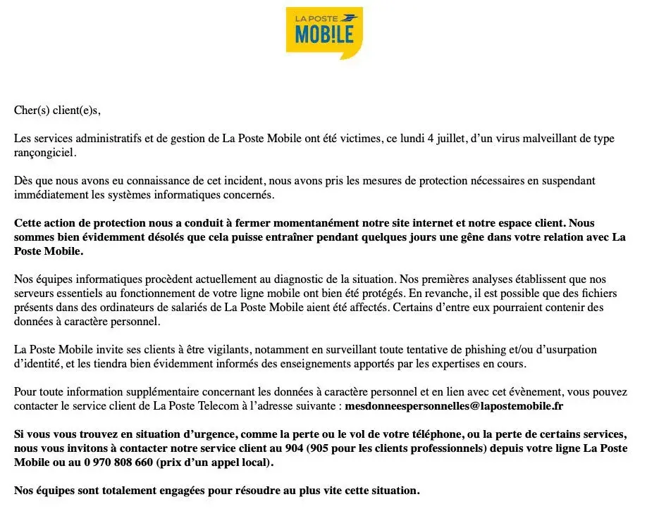 La Poste Mobile victime d'un ransomware, des données utilisateur pourraient être compromises