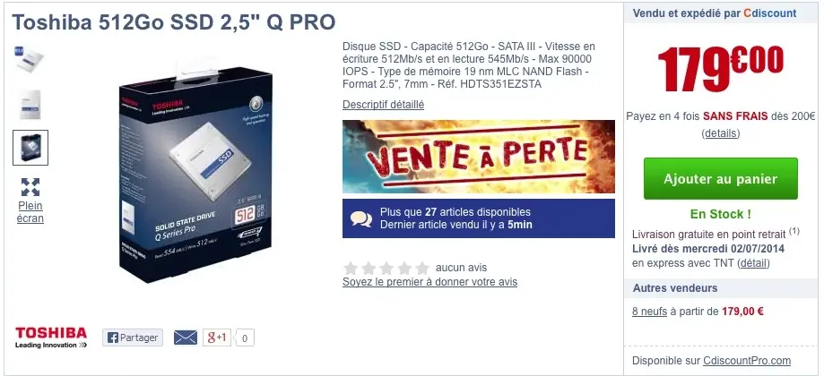 Bon plan : un SSD Toshiba  de 512Go à 179€ seulement !