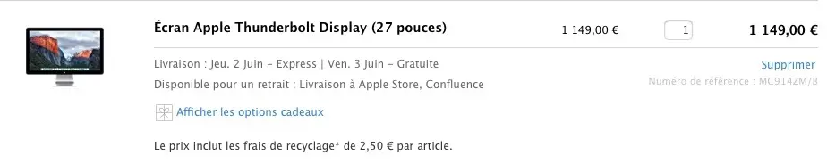 L'écran Apple 27" Thunderbolt en rupture de stock. Un modèle 5k TB 3 à la WWDC ?