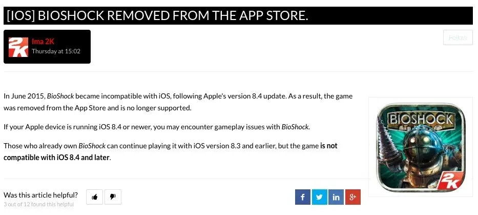 Clap de fin pour BioShock sur l'App Store