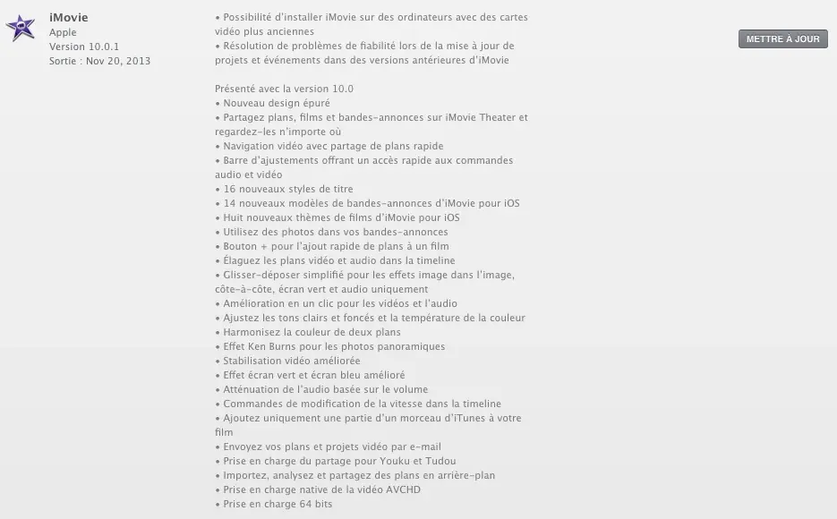 iMovie Mac 10.0.1, gère mieux les anciens fichiers et les anciennes cartes graphiques