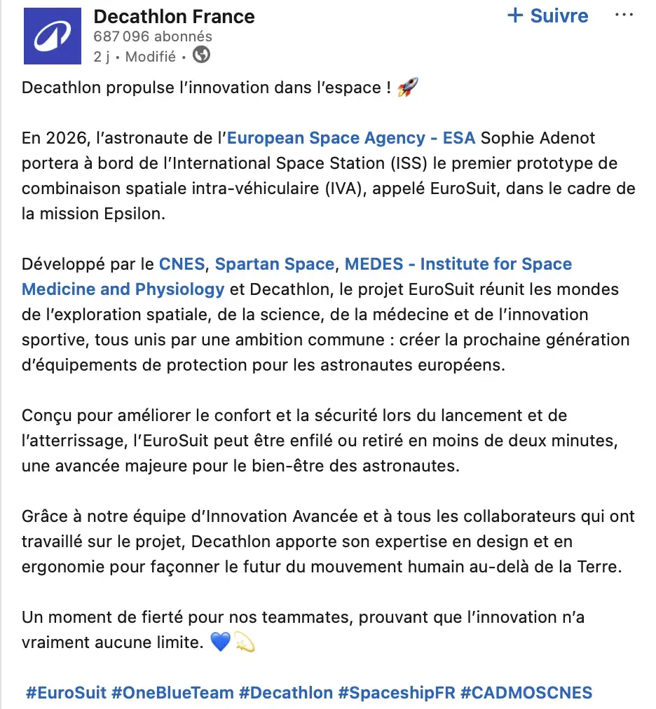 Incroyable ! Décathlon teste une combinaison spatiale sur l’ISS