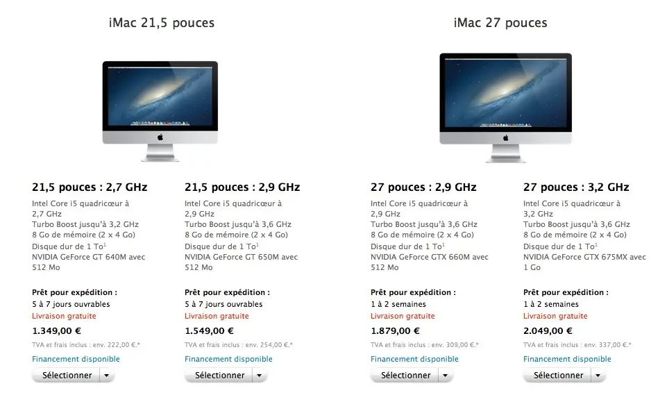 iMac en Europe : 5 à 7 jours pour le 21,5", 1 à 2 semaines pour le 27"