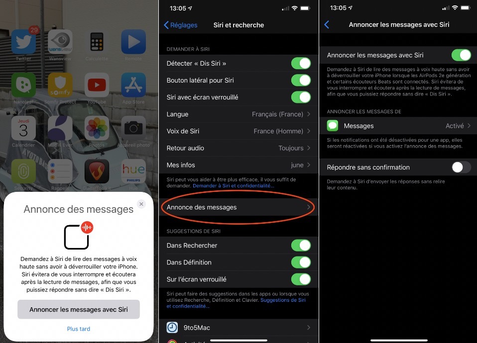 La bêta d'iOS 13.2 permet d'activer la fonction "Annonce des messages" par Siri