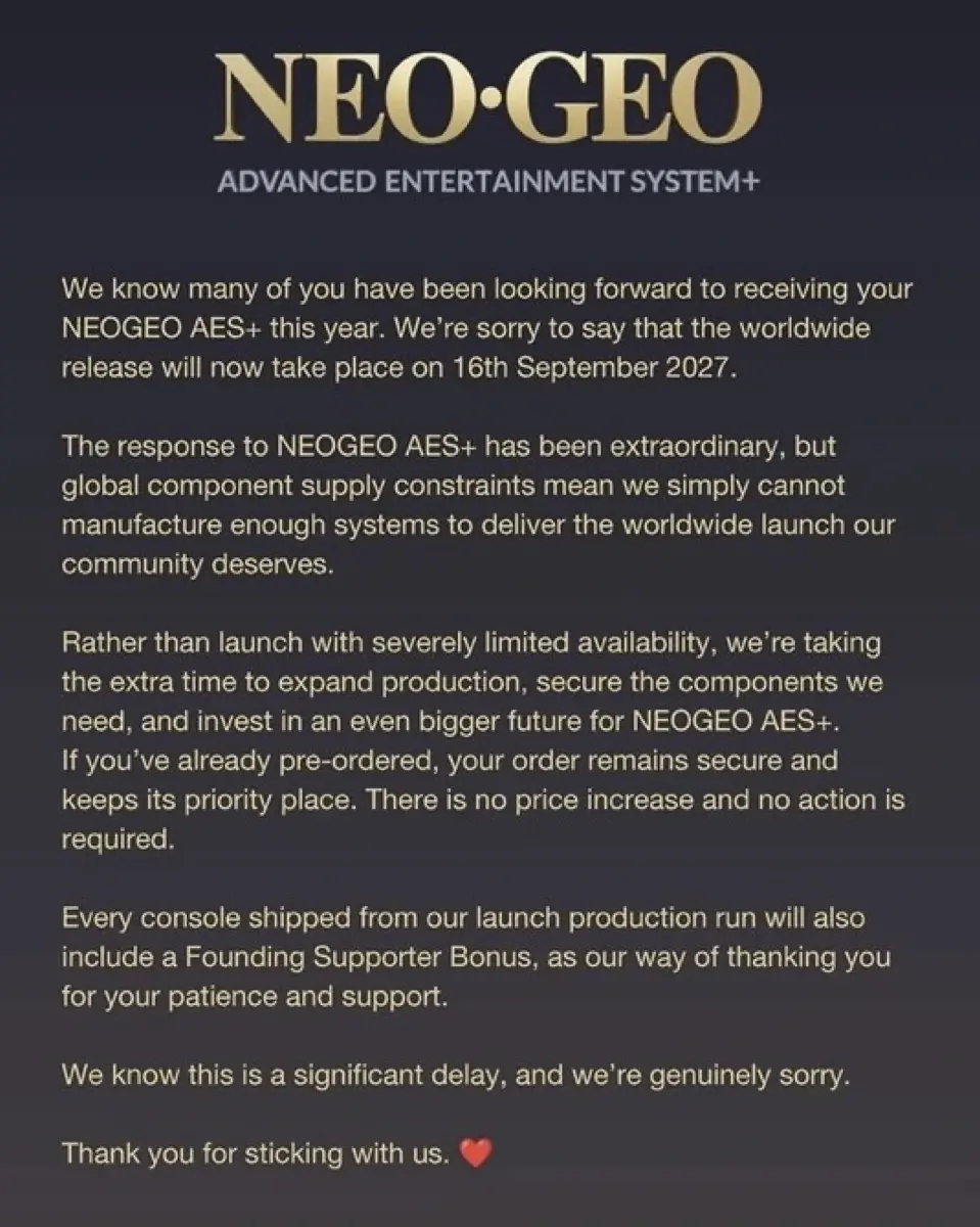 La NeoGeo AES+ repouss&eacute;e &agrave; septembre 2027, et je suis d&eacute;vast&eacute;