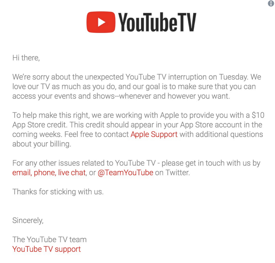 Youtube fait un geste commercial suite à sa panne (10 dollars)