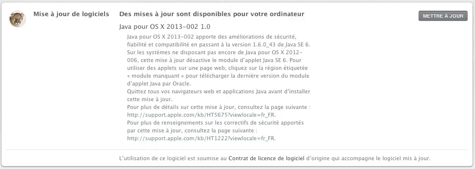 Mise à jour : Java 1.6.0_43 panse ses trous