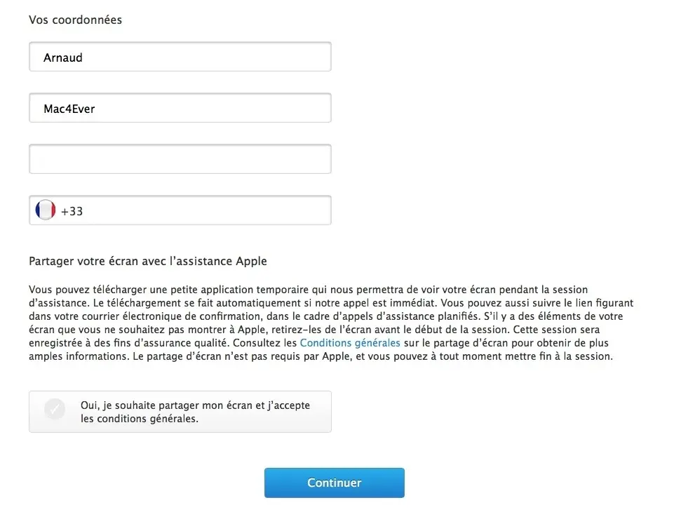 Le partage d'écran en option de support chez Apple