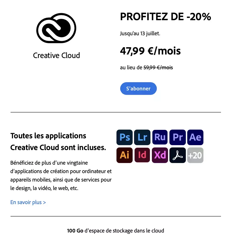 Adobe : 20% de réduction sur l’abonnement  Creative Cloud (jusqu'à ce soir minuit)