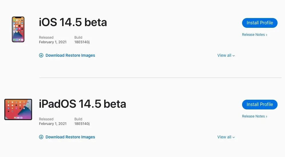 Apple publie les premières bêtas d'iOS/iPadOS 14.5, watchOS 7.4 et tvOS 14.5